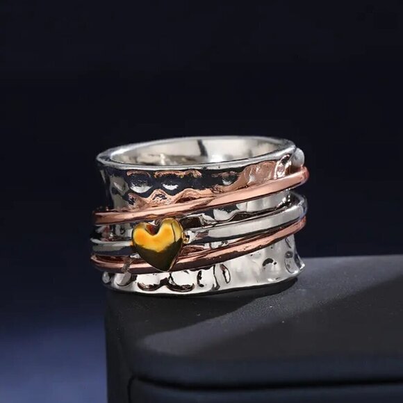 Boho Spinner Ring Tri-Color Floating Heart and Bands #1356 - Picture 11 of 12